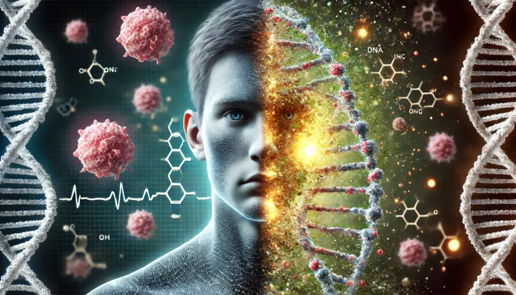 A conceptual artwork of a split-faced human figure—one half composed of a healthy DNA sequence and the other dissolving into cancer cells. The background consists of an abstract medical visualization with glowing molecules, symbolizing the duality of genetic health and inherited cancer risks.