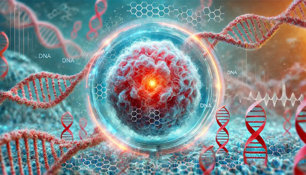 A surreal digital artwork showcasing a microscopic view of a dividing cancer cell surrounded by glowing genetic codes. DNA strands weave through the cell, illustrating the genetic influence on cancer development. The background features an abstract medical landscape with blue and red glowing elements.