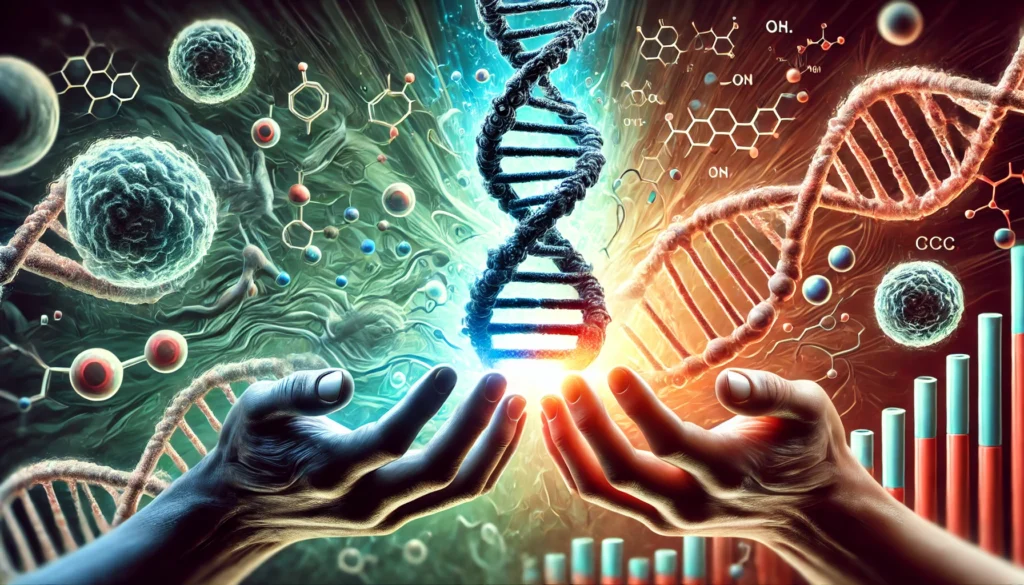 A symbolic digital illustration of two hands holding a glowing DNA strand—one side appears healthy, while the other is darkened with mutations. The background consists of an abstract representation of cells and molecular structures, emphasizing the genetic factors influencing cancer risk.