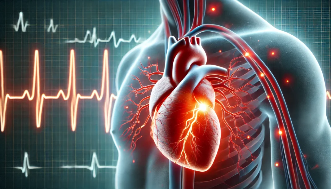 A medical illustration of a human heart with electrical signals, highlighting a blockage in the conduction system. The background features an ECG waveform, emphasizing irregular heart rhythms.