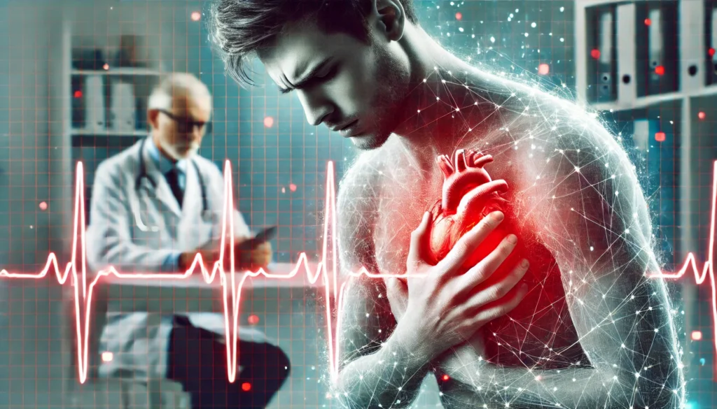 A conceptual representation of heart block symptoms, showing a person clutching their chest in pain. A transparent overlay of an irregular ECG rhythm appears in the background, with a doctor in a medical setting.