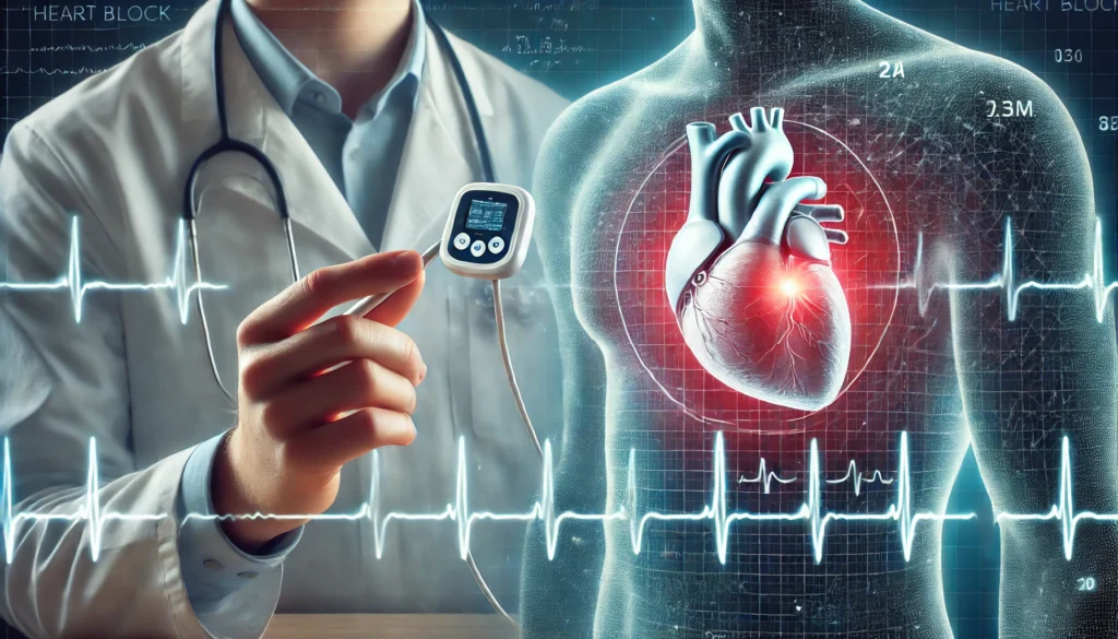 A visual representation of heart block treatment options, featuring a doctor explaining pacemaker implantation to a patient. A pacemaker device is shown near the heart, with an ECG graph transitioning from irregular to normal rhythm in the background.