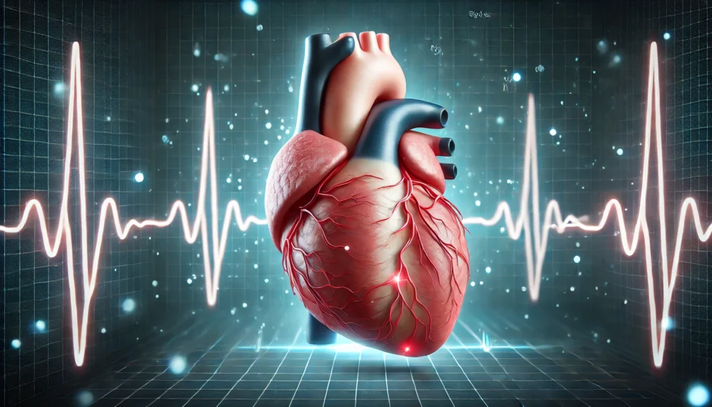 A realistic medical depiction of a human heart showing an electrical conduction system with a blockage affecting the heart’s rhythm. The background features an ECG waveform, emphasizing irregular heartbeats.