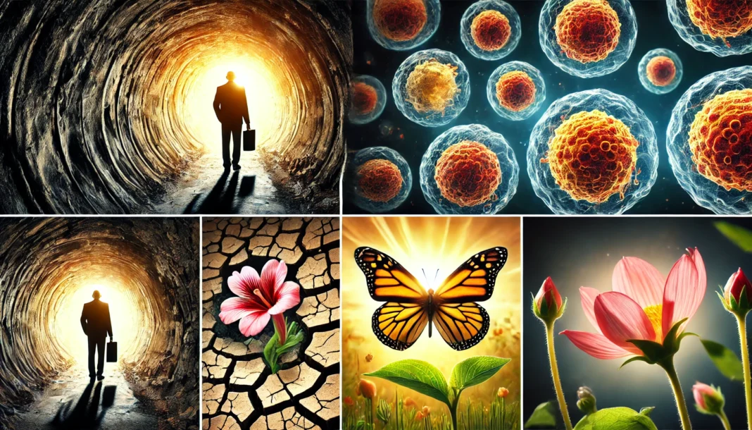 A person walking out of a dark tunnel into bright sunlight, symbolizing hope and recovery from illness. A microscopic view of human cells regenerating, with damaged cells disappearing, representing natural healing.A butterfly emerging from a cocoon, symbolizing transformation and a new lease on life after overcoming disease. A blooming flower growing from cracked ground, representing resilience, renewal, and survival after illness.