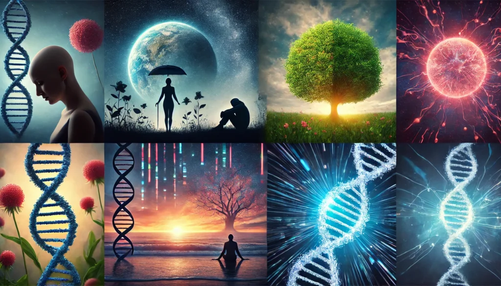 A silhouette of a person standing under a clear, starlit sky after a storm, symbolizing healing, peace, and hope. A vibrant green tree flourishing on once-barren land, representing recovery and the return of health. A DNA strand repairing itself, with broken parts reconnecting, symbolizing the body's natural ability to heal. A golden sunrise over a calm ocean, representing a fresh start, renewal, and a new chapter of life.