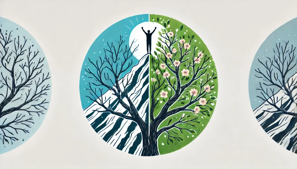 A person standing triumphantly at the top of a mountain with arms raised, symbolizing victory over illness, strength, and recovery. A tree with one half barren and the other half full of green leaves and blossoms, representing the transition from sickness to health and renewal.