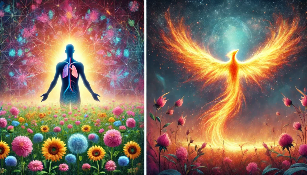 A glowing human silhouette standing in a vibrant field of flowers, symbolizing healing, vitality, and renewal. A phoenix rising from ashes with radiant wings, representing resilience, recovery, and a new beginning after illness.
