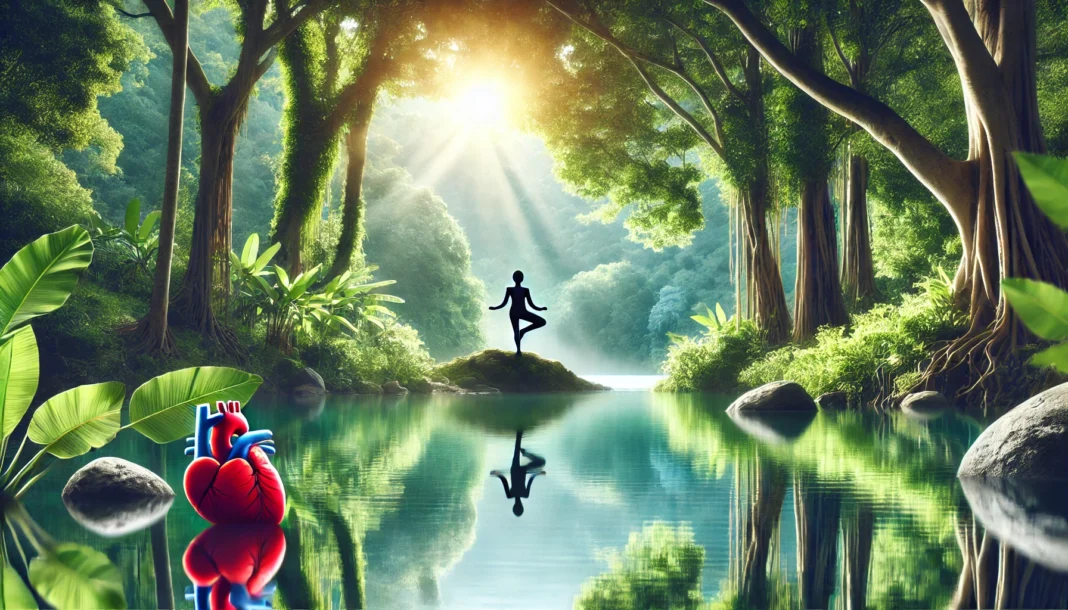 A serene nature setting with a person practicing yoga near a tranquil lake, surrounded by lush greenery and fresh air, symbolizing stress reduction for heart health.
