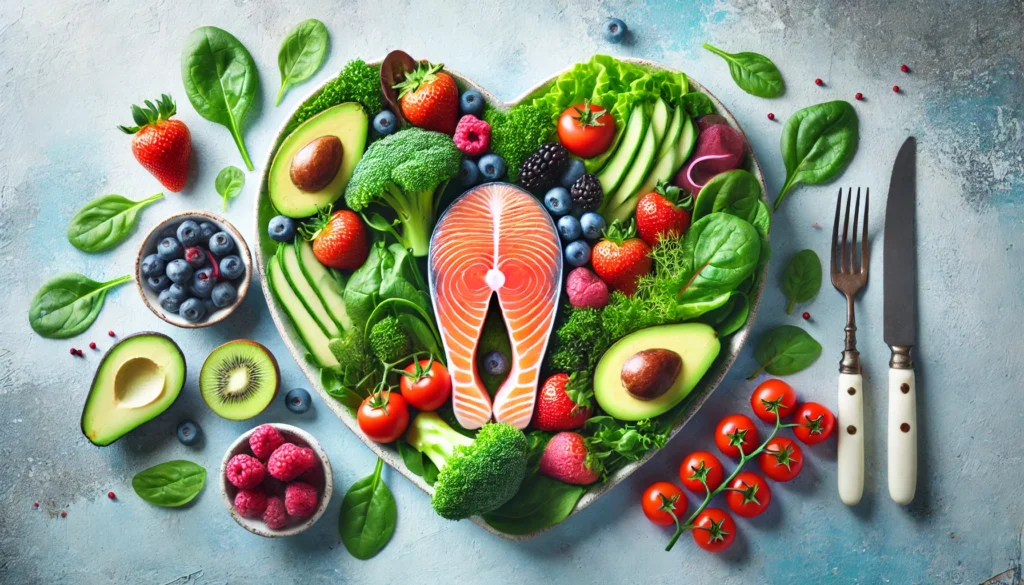 A vibrant plate of fresh salmon, leafy greens, avocados, and berries, arranged to emphasize natural nutrition for heart health.