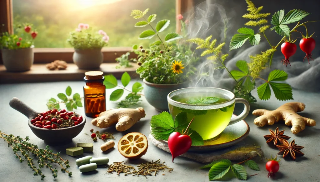 A cozy setting featuring a steaming cup of green tea, fresh herbs like hawthorn and ginger, and natural supplements, promoting holistic heart wellness.