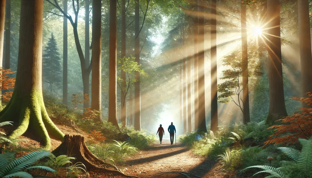A peaceful forest trail with a couple walking, surrounded by tall trees and sunlight filtering through, representing the benefits of physical activity.