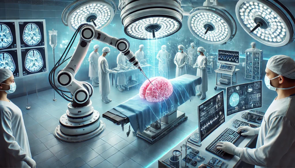 A futuristic operating room where robotic arms assist in a delicate brain surgery with holographic imaging guiding the procedure.