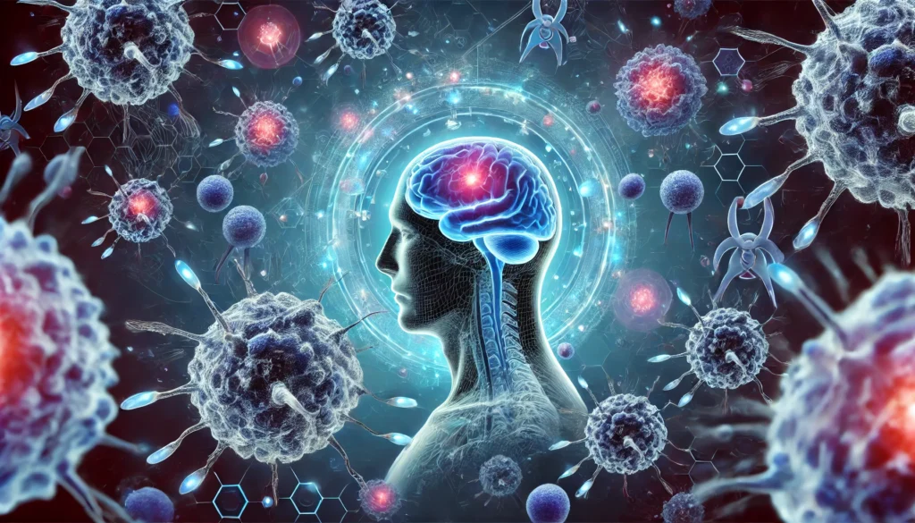 A brain surrounded by glowing immune cells attacking cancerous tumors, illustrating advancements in biomedical research.