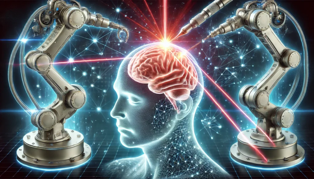 A glowing human brain with targeted laser beams and AI-assisted robotic arms performing precise glioblastoma removal. The scene embodies medical innovation, cutting-edge technology, and hope for the future of treatment.