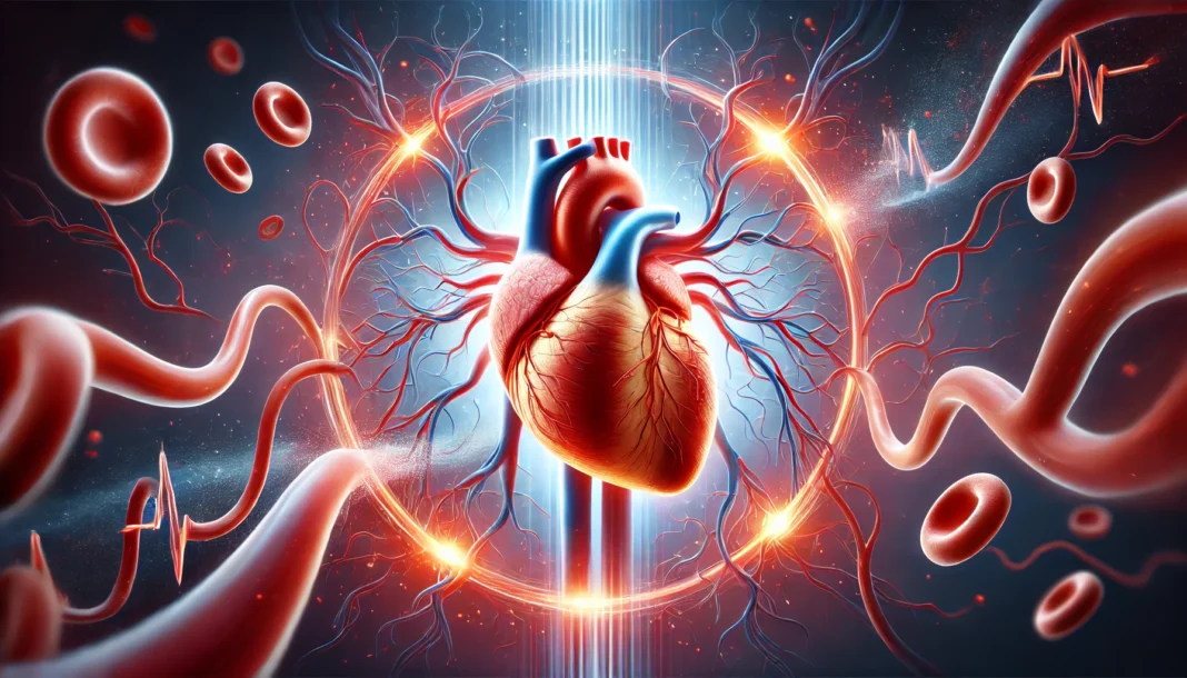A realistic medical illustration of a human heart healing after a heart attack, with arteries being cleared and strengthened, symbolizing cardiovascular recovery.