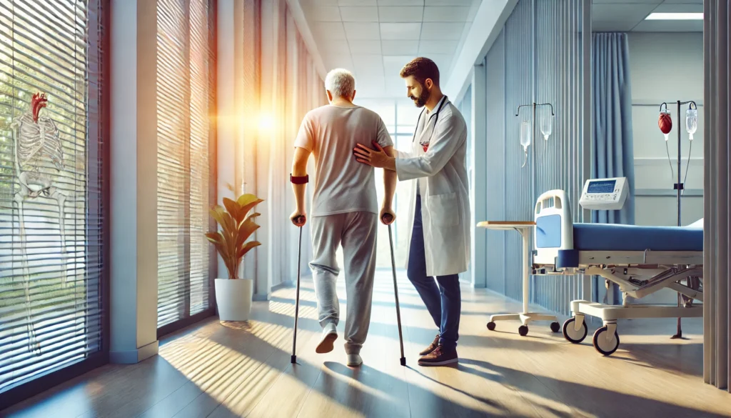 A hospital rehabilitation scene where a middle-aged patient walks with the support of a physical therapist, representing post-heart attack recovery and medical care.