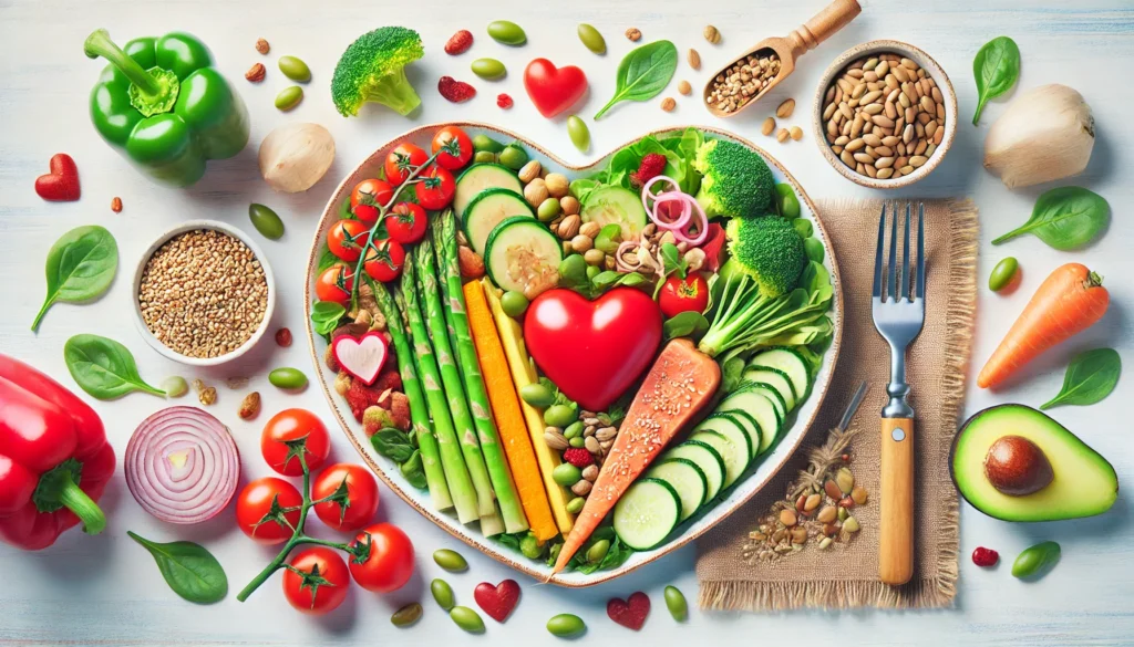 A vibrant and healthy meal consisting of colorful vegetables, lean protein, and whole grains, emphasizing a heart-healthy diet for recovery.