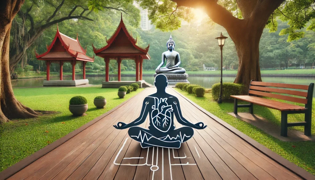An elderly man meditating in a serene outdoor park, showcasing stress management and mindfulness as part of heart attack rehabilitation.