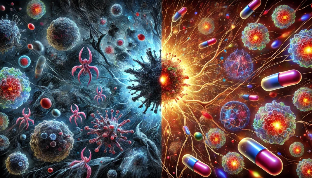 Conceptual visualization of cancer cells and immune system response, showing an intricate network of biological interactions, symbolizing the hidden medical link between cancer and autoimmune diseases.