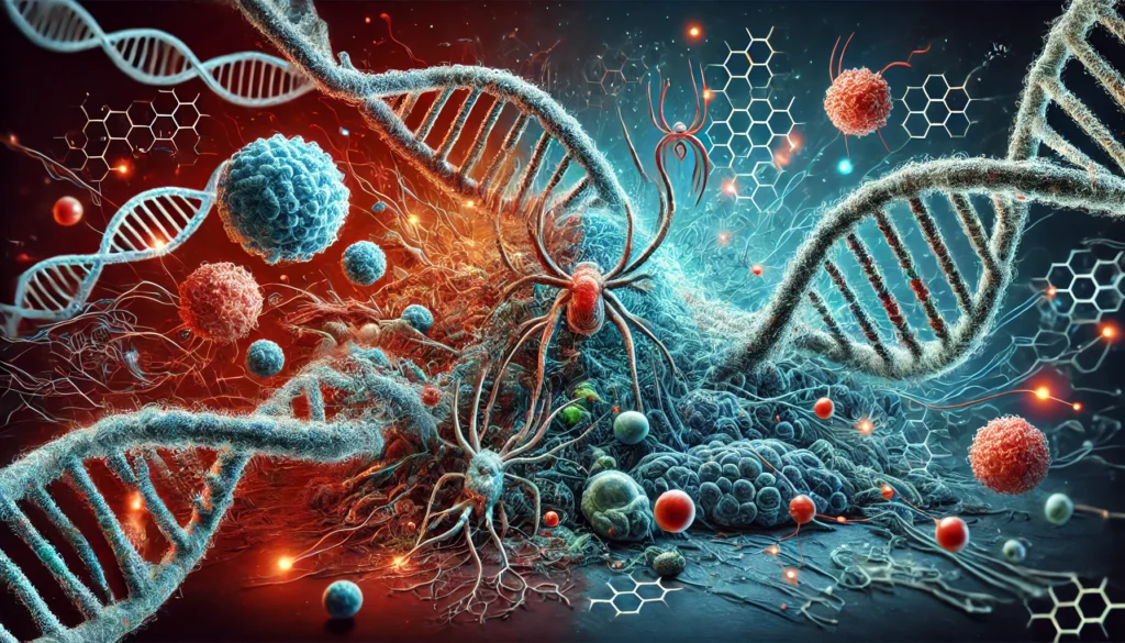 Artistic depiction of DNA strands entangled with immune cells and cancer growths, illustrating the genetic and biological connection between autoimmune disorders and tumor development.