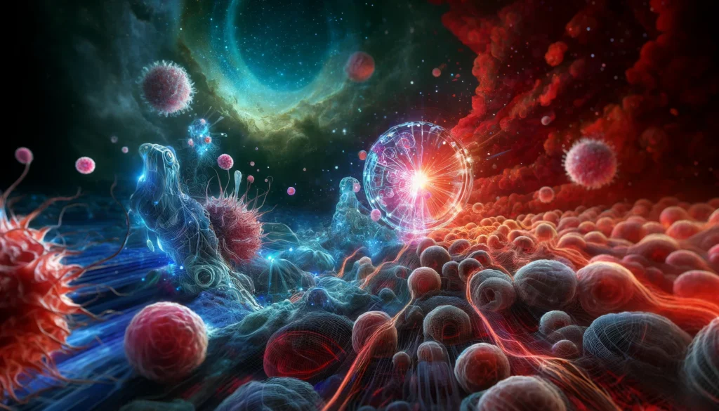 Abstract microscopic view of immune cells attacking cancerous tissue, surrounded by inflamed blood vessels and molecular structures, representing the scientific investigation of the diseases' overlap.
