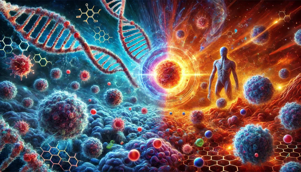 A high-resolution conceptual image showing immune cells attacking both cancerous and healthy tissues, symbolizing the paradox of autoimmune disorders. A glowing DNA helix and molecular structures in the background highlight scientific research and genetic links, with vibrant hues of deep blue, fiery red, and purple representing immune defense and disease progression.