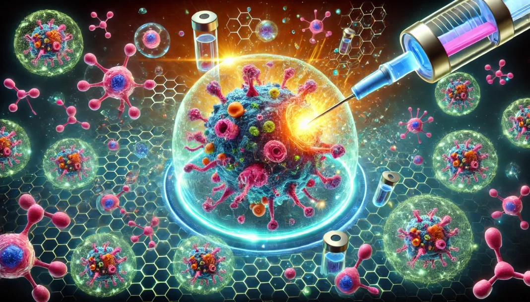 An advanced cancer treatment visualization, showing microscopic cancer cells being attacked by glowing nanotechnology bots, symbolizing innovative breakthroughs in cancer therapy.