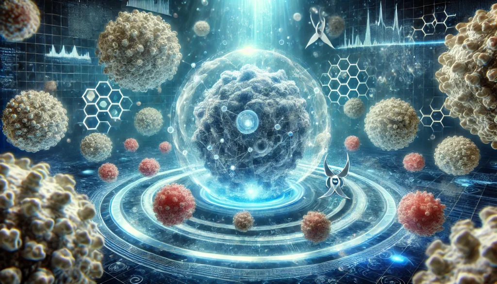 A futuristic depiction of cancer immunotherapy, where large glowing white blood cells actively eliminate malignant tumors in a high-tech, blue-lit medical environment, highlighting new advances in cancer treatment.