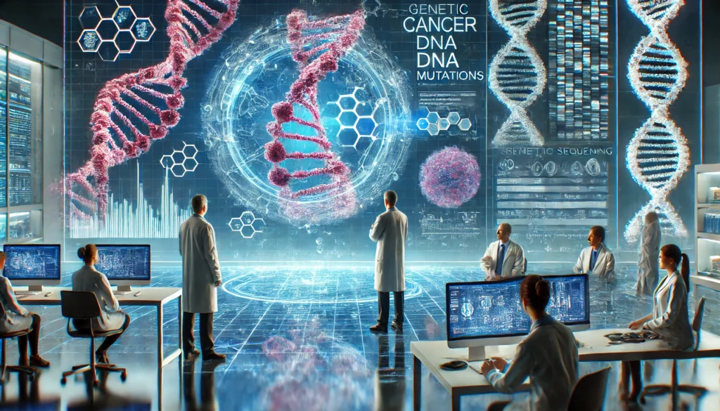 A cutting-edge genetic research lab where scientists analyze cancer DNA mutations with large holographic displays showing sequencing data, illustrating groundbreaking findings in oncology research.