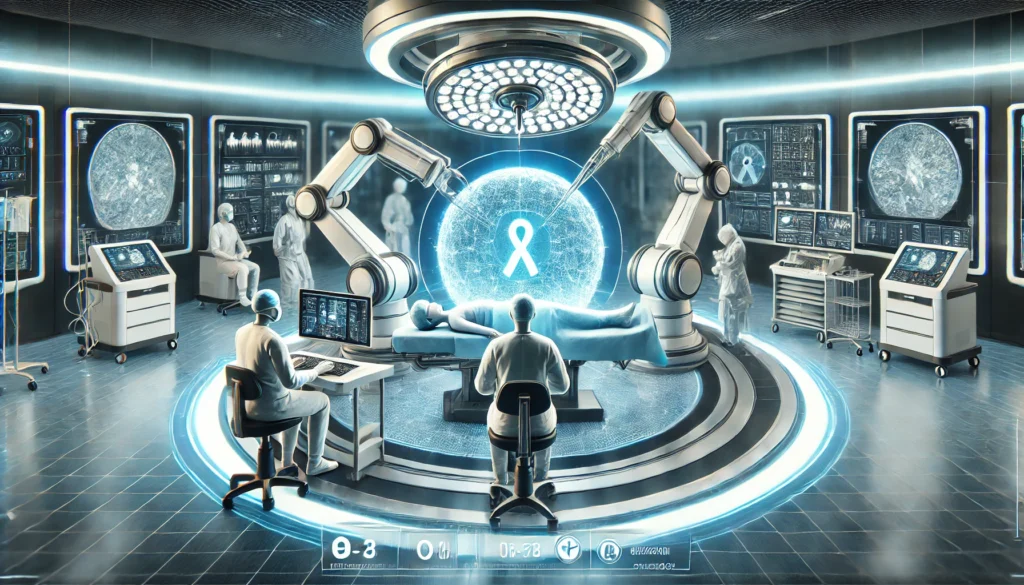 A high-tech cancer treatment facility where advanced robotic-assisted surgery is being performed on a patient. Robotic arms operate with precision while doctors monitor the procedure on large digital screens, symbolizing cutting-edge innovations in oncology.