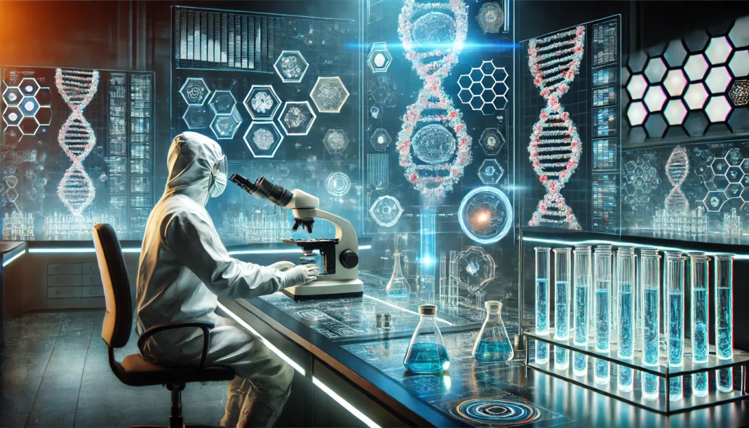 A futuristic laboratory with scientists in protective suits analyzing glowing vials of experimental cancer treatment under a high-tech microscope. The sterile lab features digital monitors displaying molecular structures and DNA sequences.