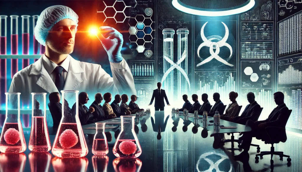 A split-image concept: on one side, a scientist in a high-tech lab celebrates a breakthrough cancer treatment. On the other side, a dark corporate boardroom with shadowy figures discusses pharmaceutical profits.