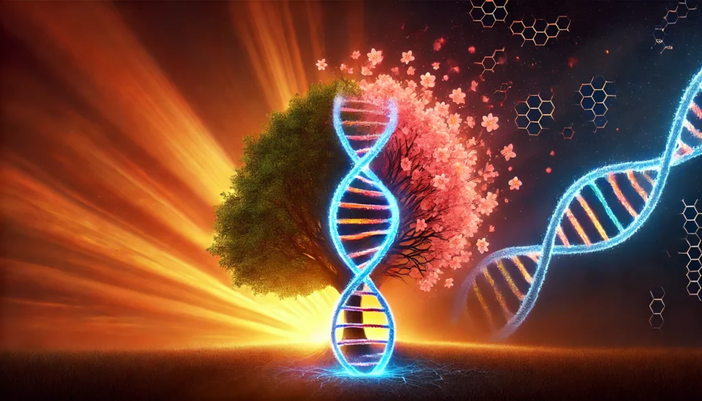 A symbolic representation of hope—a glowing DNA helix transforms into a blooming tree, signifying a breakthrough cancer cure. The background transitions from darkness to a radiant sunrise, symbolizing discovery and new possibilities.