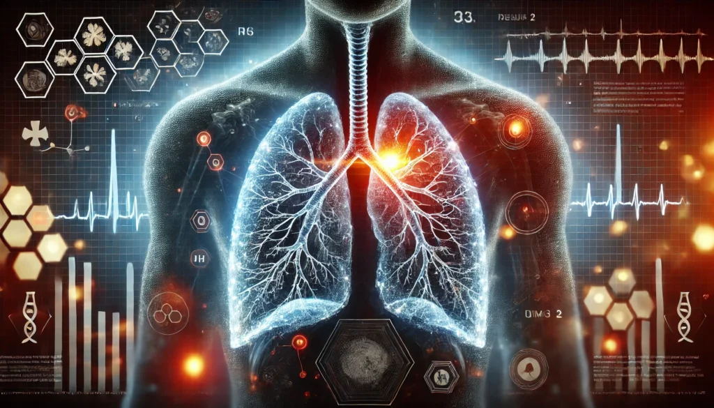 A dramatic X-ray-style image of human lungs with a mysterious glowing spot, symbolizing both a potential cure and hidden medical discoveries. The surrounding environment is filled with data streams and medical symbols, emphasizing cutting-edge research.