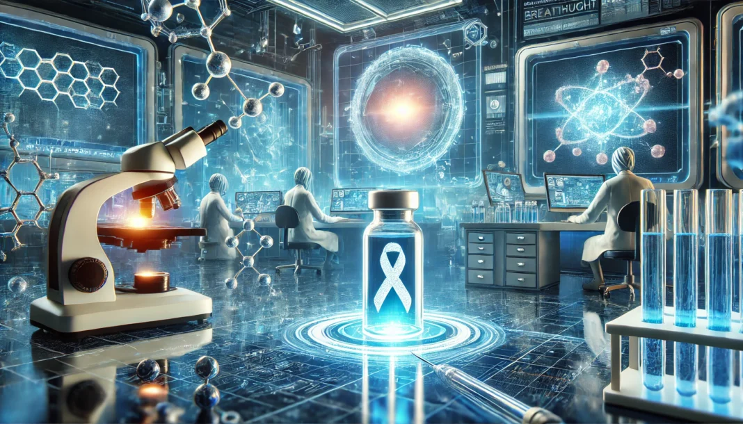 A futuristic laboratory where scientists are researching advanced oncology drugs, featuring high-tech equipment and glowing molecular structures.