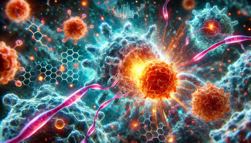 A detailed visualization of a revolutionary cancer drug attacking malignant cells at the molecular level, showcasing vibrant scientific innovation.