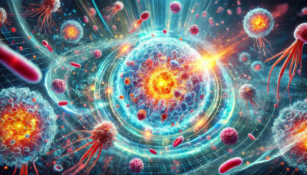 A futuristic visualization of immunotherapy in cancer treatment, depicting glowing T-cells actively targeting and destroying malignant cancer cells. The scene is illuminated with vibrant energy flows, symbolizing the power of advanced oncology drugs enhancing the body's natural immune response.