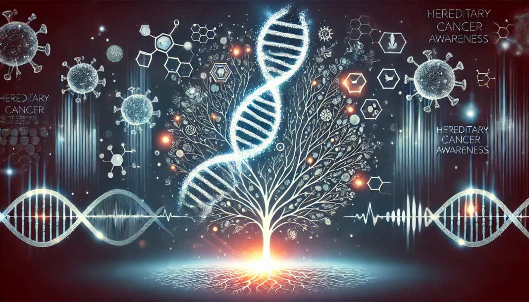A large glowing DNA strand seamlessly transforming into a branching family tree, symbolizing genetic inheritance, with abstract medical elements floating around.