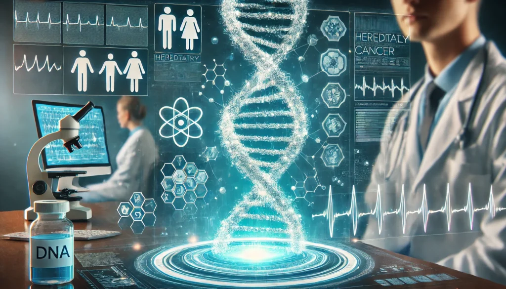A futuristic medical visualization of a holographic DNA strand intertwined with health records and a branching family tree, with a doctor analyzing data.