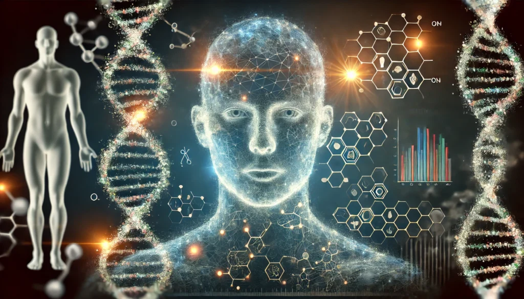 A glowing double helix DNA strand overlaying a transparent human face, with molecular structures and genetic markers, symbolizing the link between genetics and health.
