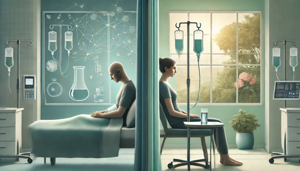 A conceptual split-screen image illustrating cancer infusion therapy side effects—one side showing a fatigued patient resting, the other depicting a patient experiencing nausea with a glass of water, symbolizing treatment challenges.