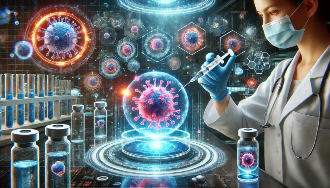 A futuristic medical laboratory where a scientist injects a glowing immunotherapy vaccine into a petri dish. Holographic displays show immune cells attacking cancer cells, symbolizing the power of advanced treatment.