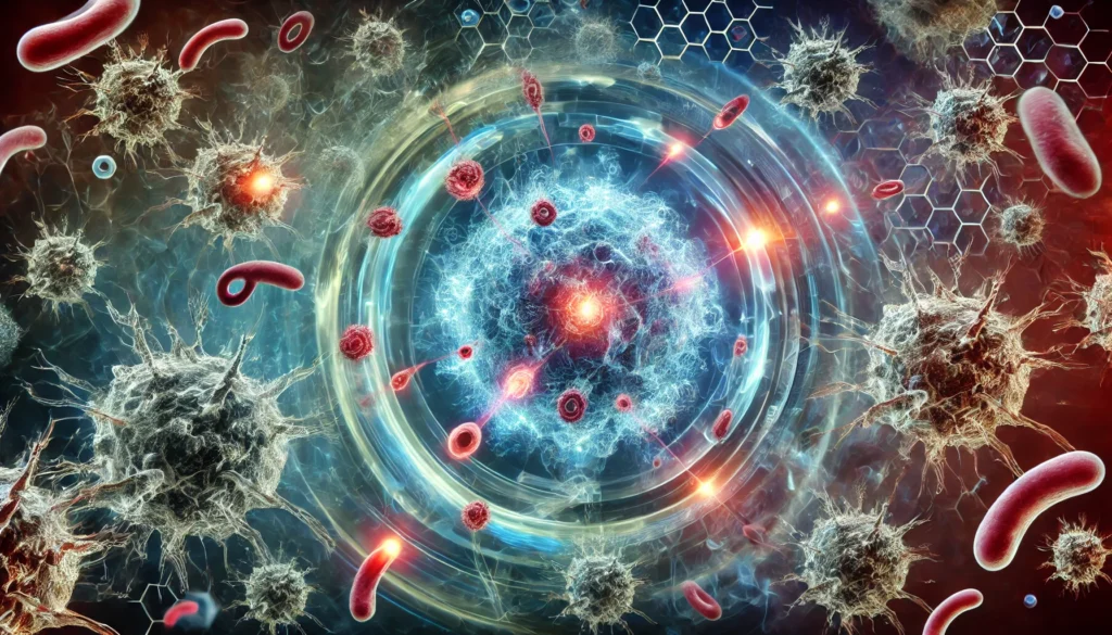 A microscopic view of cancer immunotherapy in action, featuring immune cells such as T-cells engaging in battle against cancer cells. The glowing futuristic visuals highlight the precision and effectiveness of this innovative therapy.
