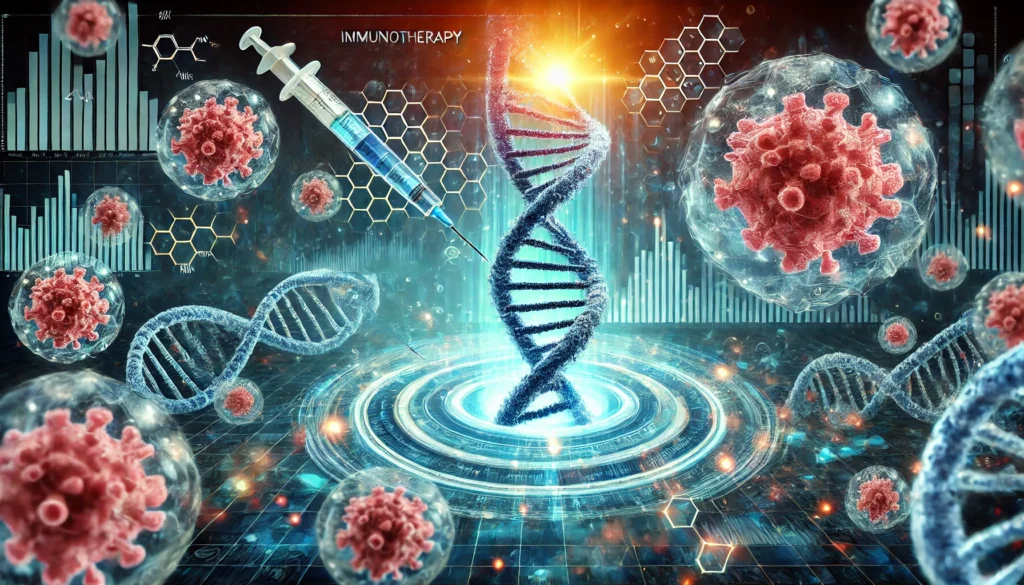A conceptual futuristic illustration of immunotherapy vaccines. A glowing DNA strand surrounded by digital data streams represents genetic research and innovation, with immune cells targeting cancer cells in the background.
