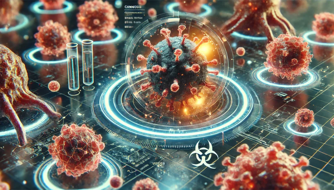 A high-tech microscope view of cancer cells being invaded by glowing viral particles.