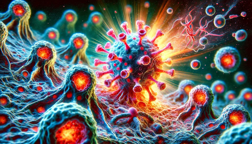 An abstract, artistic portrayal of a virus merging with cancer cells in an eerie scientific setting.