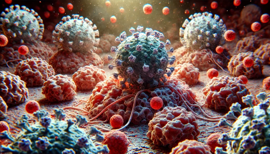 A biologically accurate depiction of viruses attacking cancer cells, highlighting textures and details.