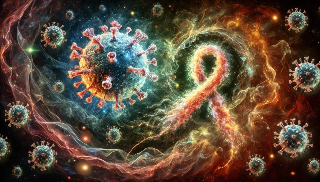 A visually imaginative representation of the viral-cancer interaction with swirling, ethereal elements.