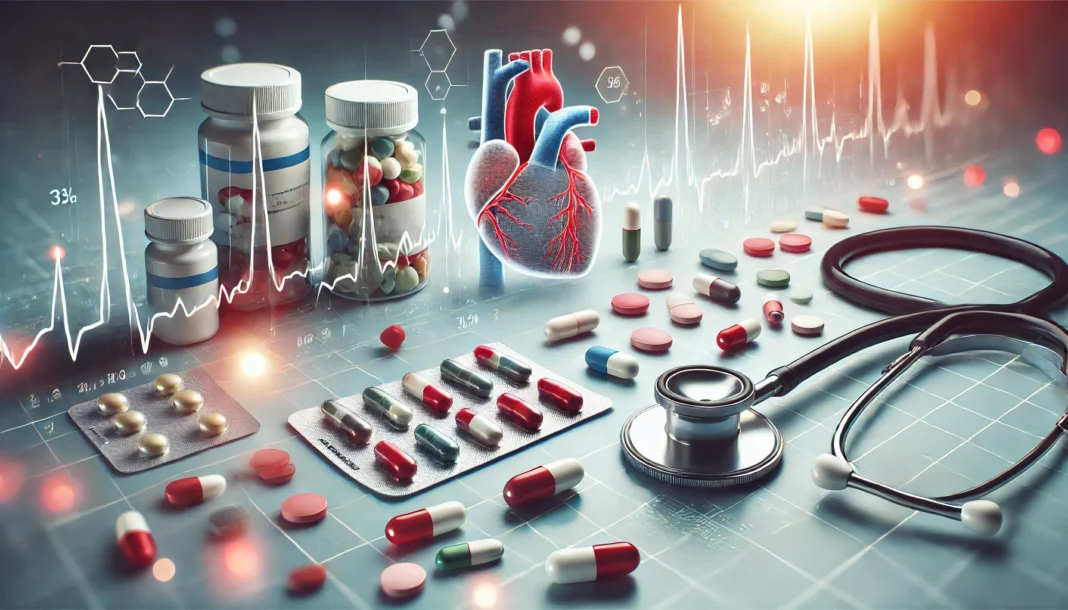 A collection of prescription medications for atherosclerosis displayed on a medical table, featuring colorful pills, capsules, and blister packs alongside a stethoscope and a cardiovascular health diagram.