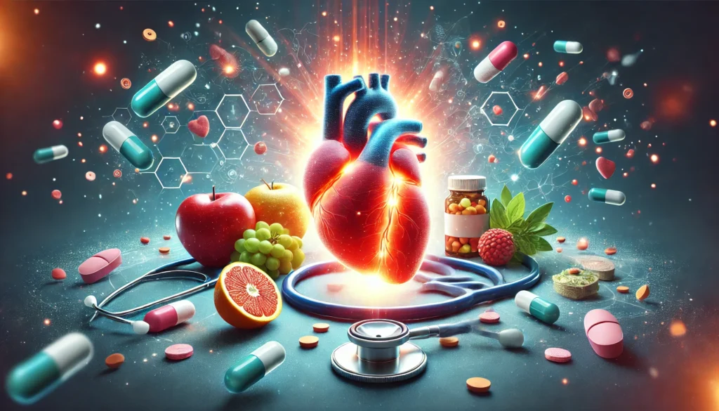 A vibrant, glowing human heart surrounded by floating medication capsules, fresh fruits, and a stethoscope, symbolizing the role of drugs and a healthy lifestyle in atherosclerosis prevention.